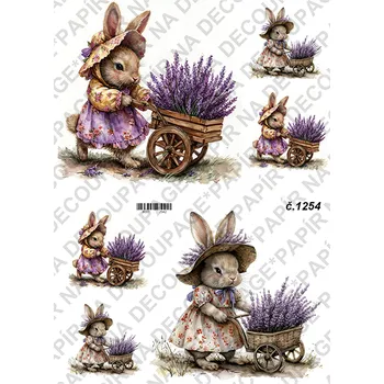 Umělecký papír Rýžový a soft papír na decoupage - Zaječice s levandulí - KB01254 Materiál: Soft, Rozměr: A4