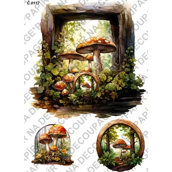 Umělecký papír Rýžový a soft papír na decoupage - Okno, podzim, houby - KB0117 Materiál: Soft, Rozměr: A4