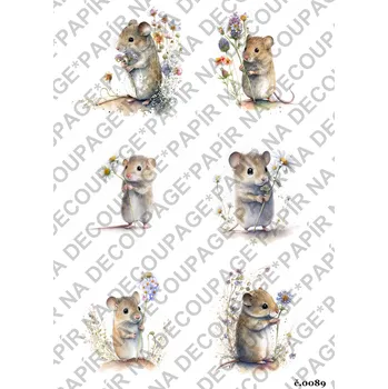 Umělecký papír Rýžový a soft papír na decoupage - Myška s květinou - KB089 Materiál: Soft, Rozměr: A4