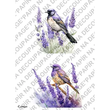 Umělecký papír Rýžový a soft papír na decoupage - Ptáček s levandulí - KB050 Materiál: Soft, Rozměr: A4