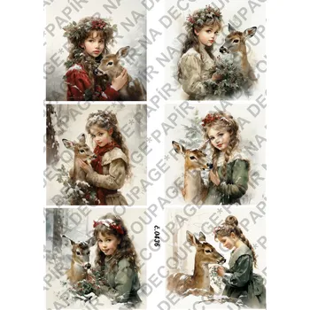 Umělecký papír Rýžový a soft papír na decoupage - Holčička s jelínkem - KB0436 Materiál: Soft, Rozměr: A4