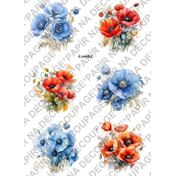 Umělecký papír Rýžový a soft papír na decoupage - Vlčí máky mix - KB065 Materiál: Soft, Rozměr: A4