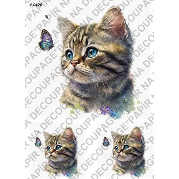 Umělecký papír Rýžový a soft papír na decoupage - Kočička s motýlem - KB0426 Materiál: Rýžový papír, Rozměr: A4