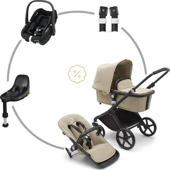 Kočárek Bugaboo Fox Cub komplet + autosedačka Pebble S + základna + adaptéry BLACK/DESERT BEIGE