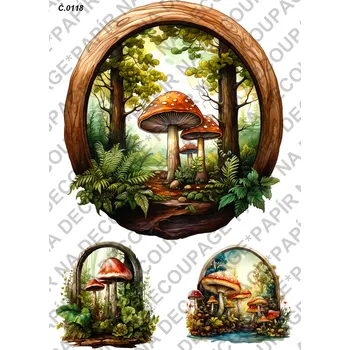 Umělecký papír Rýžový a soft papír na decoupage - Okno, podzim, houby - KB0118 Materiál: Soft, Rozměr: A4