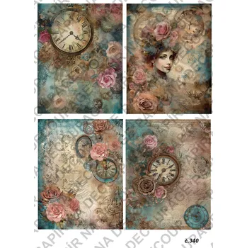 Umělecký papír Rýžový a soft papír na decoupage - Hodiny vintage - KB0340 Materiál: Soft, Rozměr: A4