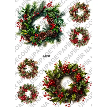 Umělecký papír Rýžový a soft papír na decoupage - Vánoce věnce - KB0388 Materiál: Soft, Rozměr: A4