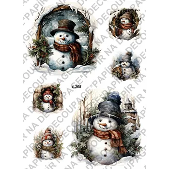 Umělecký papír Rýžový a soft papír na decoupage - Sněhuláci - KB0308 Materiál: Soft, Rozměr: A4