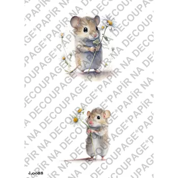 Umělecký papír Rýžový a soft papír na decoupage - Myška s květinou - KB088 Materiál: Rýžový papír, Rozměr: A4