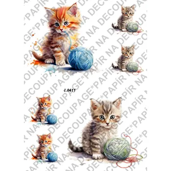 Umělecký papír Rýžový a soft papír na decoupage - Kočička s klubíčkem - KB0411 Materiál: Soft, Rozměr: A4