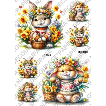 Umělecký papír Rýžový a soft papír na decoupage - Zajíc s jarní kyticí - KB01049 Materiál: Soft, Rozměr: A4
