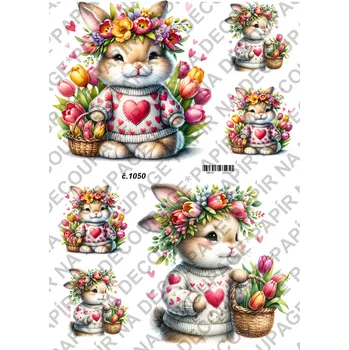 Umělecký papír Rýžový a soft papír na decoupage - Zajíc s jarní kyticí - KB01050 Materiál: Soft, Rozměr: A4