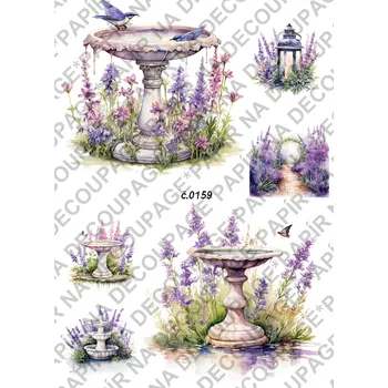 Umělecký papír Rýžový a soft papír na decoupage - Kašna s levandulí - KB0159 Materiál: Soft, Rozměr: A4