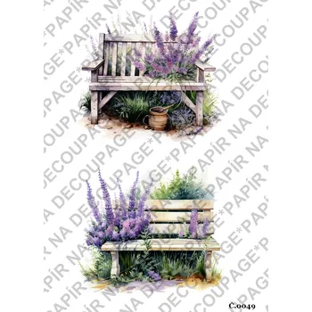 Umělecký papír Rýžový a soft papír na decoupage - Lavička s levandulí - KB049 Materiál: Soft, Rozměr: A4