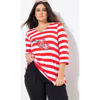 Dámské tričko Ulla Popken, Plus size Pruhované tričko, zdobený motiv papriček, Classic, výstřih do V, 3/4 rukávy pro plnoštíhlé nadměrná velikost, 837553529-1128, červený, 42/44, Nadměrné velikosti, Plus size oblečení, Oblečení pro boubelky, Oblečení pro baculky, Obleč