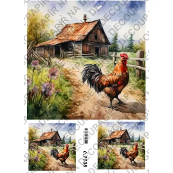 Umělecký papír Rýžový a soft papír na decoupage - Vesnické stavení, Kohout - KB01138 Materiál: Soft, Rozměr: A4