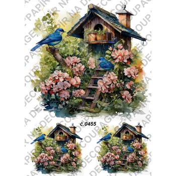 Umělecký papír Rýžový a soft papír na decoupage - Budka, ptáčci - KB0455 Materiál: Soft, Rozměr: A4