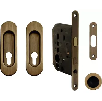 Dveřní kování Set na posuvné dveře oválný, bronz česaný (pro vložku fab) (Zadlabací zámek, madla, protiplech)