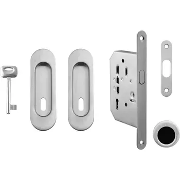 Dveřní kování Set na posuvné dveře oválný, chrom broušený (pro klíč) (Zadlabací zámek, madla, protiplech)