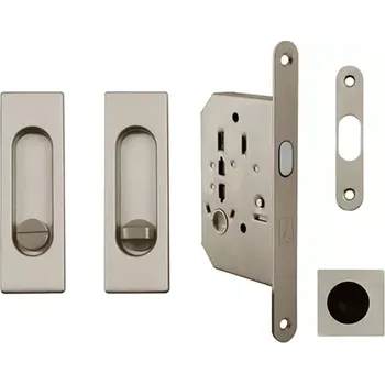 Dveřní kování Set na posuvné dveře hranatý, nikl broušený, mat (WC) (Zadlabací zámek, madla, protiplech)