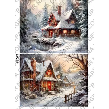 Výtvarný papír Rýžový a soft papír na decoupage - Zimní krajina, domy - KB0294 Materiál: Rýžový papír, Rozměr: A4