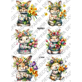 Umělecký papír Rýžový a soft papír na decoupage - Zajíc s jarní kyticí - KB01054 Materiál: Soft, Rozměr: A4