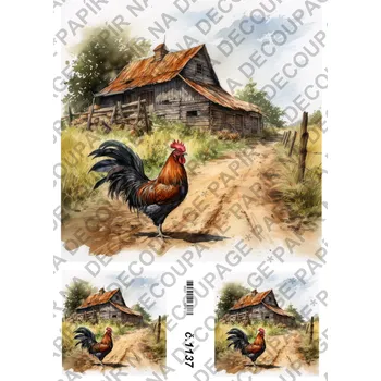 Umělecký papír Rýžový a soft papír na decoupage - Vesnické stavení, Kohout - KB01137 Materiál: Soft, Rozměr: A4