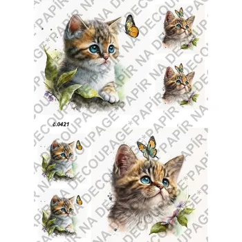 Umělecký papír Rýžový a soft papír na decoupage - Kočička s motýlem - KB0421 Materiál: Soft, Rozměr: A4