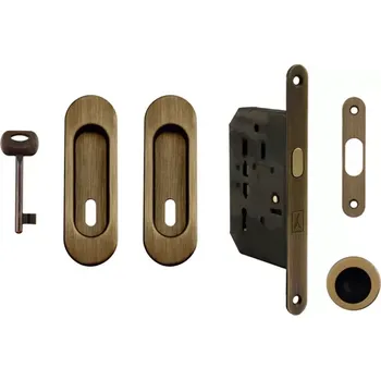 Dveřní kování Set na posuvné dveře oválný, bronz česaný (pro klíč) (Zadlabací zámek, madla, protiplech)