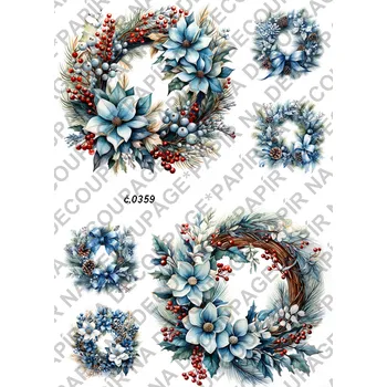 Umělecký papír Rýžový a soft papír na decoupage - Vánoce věnce - KB0359 Materiál: Soft, Rozměr: A4