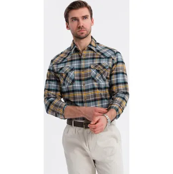 Pánská móda Ombre Men's checkered flannel shirt with pockets - gray-yellow Ombre šedá 2636892