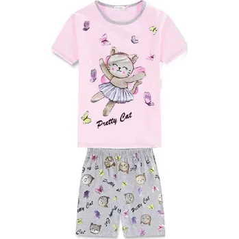Dívčí pyžamo DÍVČÍ LETNÍ PYŽAMO S KOČKOU NOVINKA Barva: Světle růžovošedá kombinace, Velikost: 128