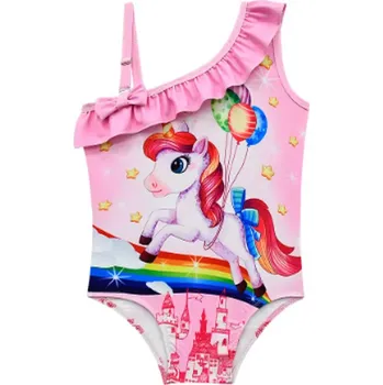 Dívčí plavky Unicorn (Jednorožci) Jednodílné dívčí plavky "Jednorožec s balonky" s asymetrickým ramínkem Barva: růžová (1), Velikost: 120