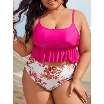 Dámské plavky Dámské dvoudílné plavky - tankiny - Plus size (různé barvy a designy) Barva: Růžová, Velikost: XL