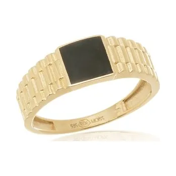 Prsten Luxusní prsten ze žlutého zlata s onyxem PP015F + DÁREK ZDARMA