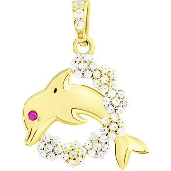 Přívěsek GEMMAX Zlatý přívěsek Delfín s rubínem a zirkony – zlatý šperk ryzosti 585/1000 v Dárkovém balení s Certifikátem GLPCB-03229