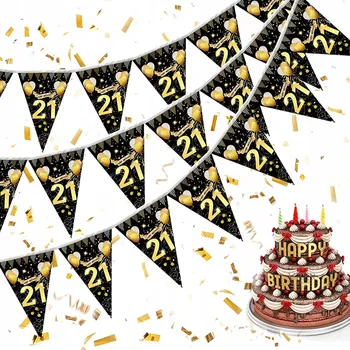 NAROZENINOVÝ BANNER HAPPY BIRTHDAY DEKORACE ZLATÁ-ČERNÁ GIRLANDA VLAJKA NAROZENINY 21