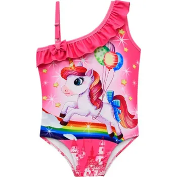 Dívčí plavky Unicorn (Jednorožci) Jednodílné dívčí plavky "Jednorožec s balonky" s asymetrickým ramínkem Barva: červená (2), Velikost: 100
