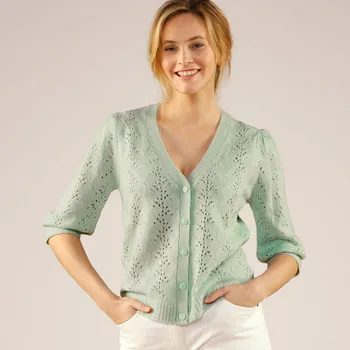 Dámský svetr Propínací svetr s výstřihem do V a ažurou zelená mořská 38/40