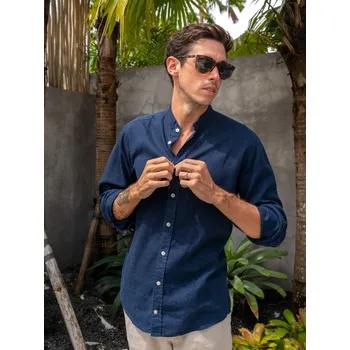 Pánská košile TallGuys Pánská prodloužená lněná košile 2.0 | Dlouhý rukáv | Navy Velikost: XL, Střih: Slim