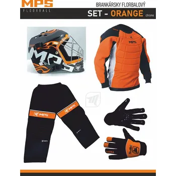 Florbalový dres MPS Orange brankářský set + maska Pro Flame - Orange/Chrome + Florbalové rukavice MPS vel. M