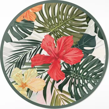 Koberec Dekorativní Kulatý Koberec z vinylu, průměr ⌀ 130 cm, motiv tropických havajských květin