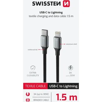 Datový kabel DATOVÝ KABEL SWISSTEN TEXTILE II USB-C / LIGHTNING 1,5 M ČERNÝ
