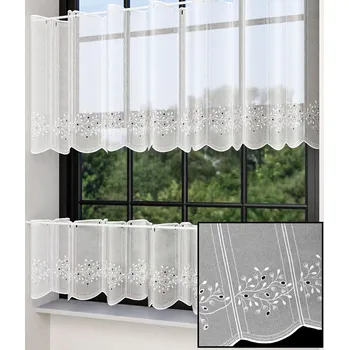 Vitrážová záclona, polyesterový batist 34651, vyšívané lístečky, s bordurou, bílá, výška 70cm (v metráži)