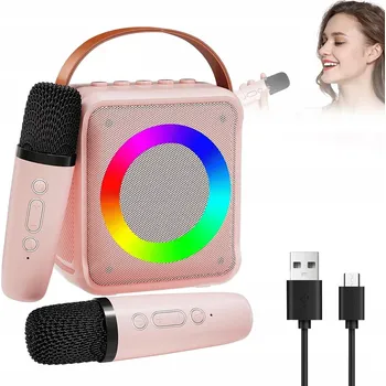 RŮŽOVÝ MINI KARAOKE SET REPRODUKTOR RGB BT 5.0 PRO DĚTI SE 2 MIKROFONY