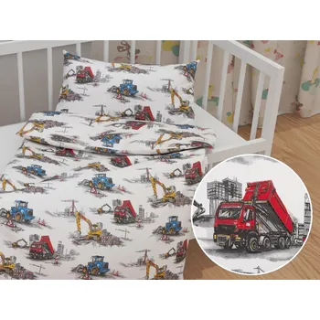 Povlečení Dětské bavlněné povlečení do postýlky Sandra SA-578 Náklaďáky a bagry na bílém Do postýlky 90x140 a 40x60 cm