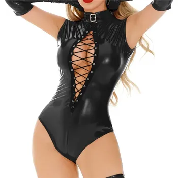 Dámské erotické body Wetlook body s vázáním Barva: Černá, Velikost: XL