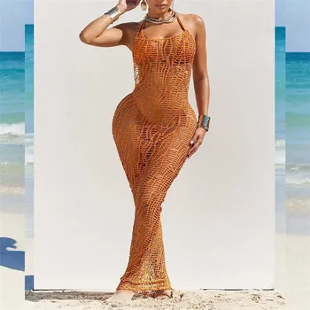 Dámské šaty Siťované plážové šaty délky maxi Barva: Žlutá, Velikost: M