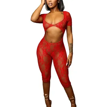 Krajkový overal s odhaleným břichem Barva: Červená, Velikost: M