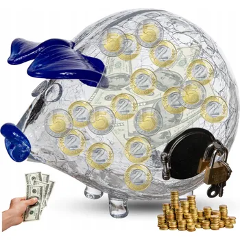 Pokladnička STŘEDNÍ SKLENĚNÉ PRASÁTKO POKLADNIČKA CRACKLE – KOVOVÝ ZÁMEK, ZÁMEČEK, KLÍČKY